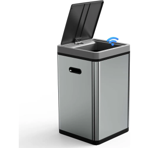 HUG&FKL 16 Gal Kitchen Garbage Can with Lid, Assembly, Touchless, Motion Sensor Rectangular Trash Can, Lithium Battery Powered, Brushed Stainless Steel, Ideal for Kitchen, Office, Living Room