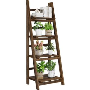 Ladder Shelves - Folding Wooden Ladder Bookshelf, 4-Tier Retro Plant Stand Storage Shelves for Home Living Room, Brown