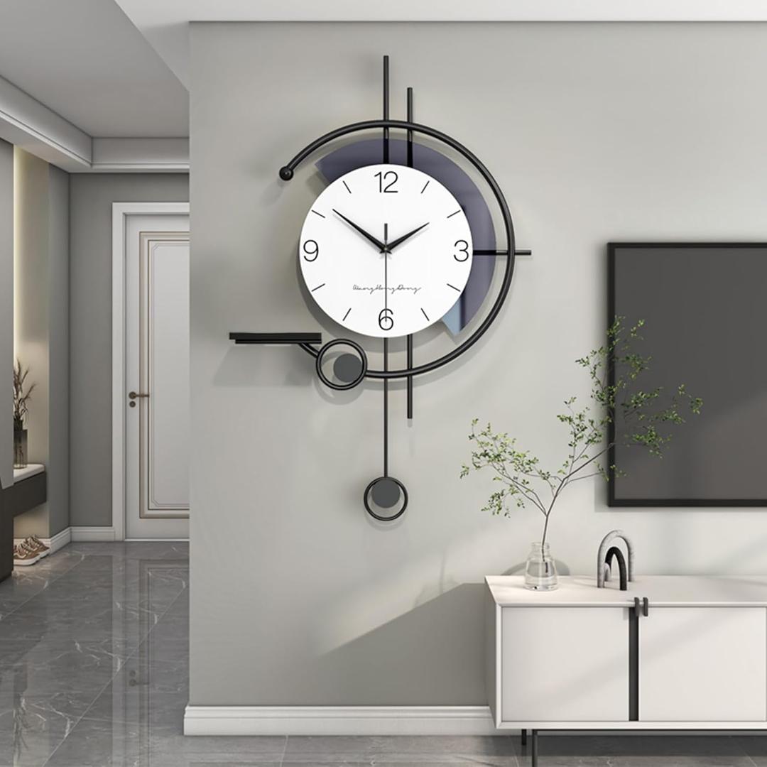 Modern Wall Clock Large Minimalist Decorative Wall Clocks Creativity Silent Non Ticking Pendulum Clocks with Storage Rack Art Decor Quartz Clock for Living Room Bedroom Kitchen Office (Small)