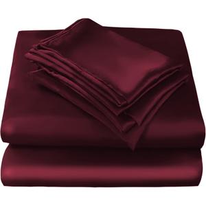 JSD Burgundy Satin Sheet Set Queen Size, 4 Piece Silky Bed Sheets Extra Deep Pocket, Good for Hair and Skin