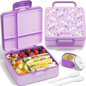 Fimibuke Bento Lunch Box for Kids, Leak Proof Toddler Bento Box with 4 Compartments BPA Free Dishwasher Safe Lunch Container with Utensils, Ideal Portion Sizes for Ages 3-12 Girls Boys for School (A17. Purple Unicorn)