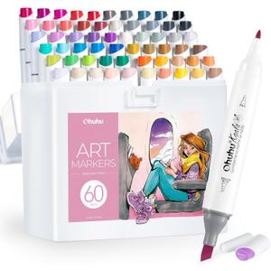 Ohuhu Markers: 60 Colors Slim Broad and Fine Double Tipped Kaala Marker for Artists Adults Coloring Drawing Cartoon Anime Comic - Professional Art Pens with Ink Refillable Giftable Pen Set (60 Illustration Colors + 1 Colorless Blender)
