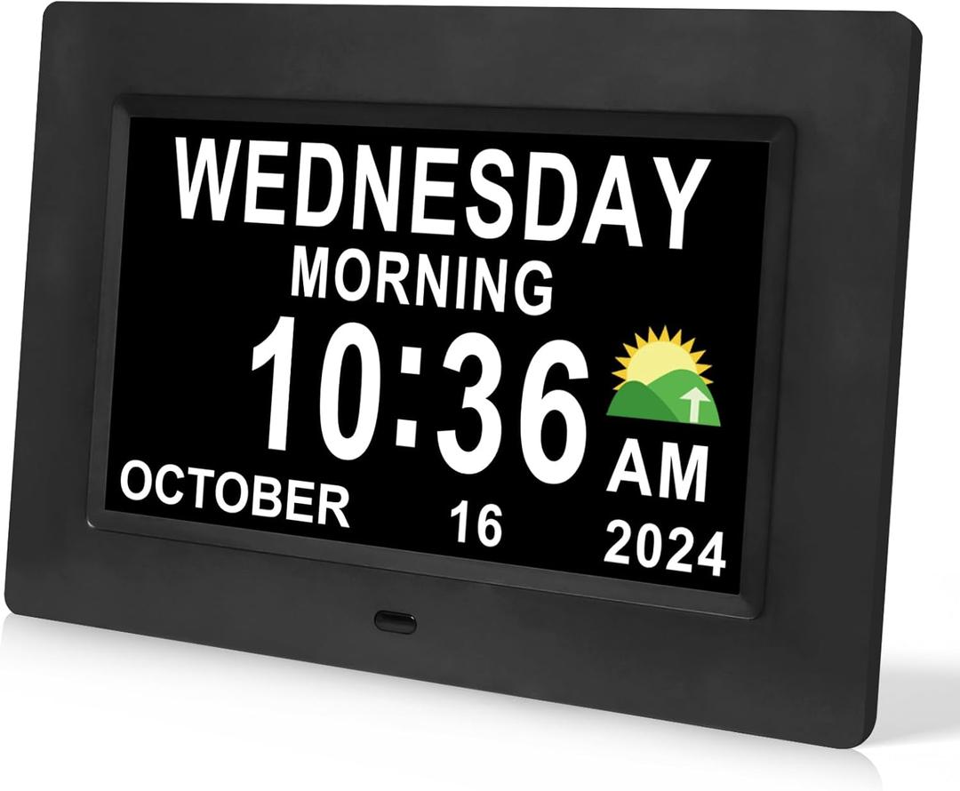 Digital Calendar Dementia Alarm Clock with Day and Date for Elderly - 15 Alarms 5 Colors Display Large Display Alzheimers Clock Large Digital Clock for Seniors (7in Black)