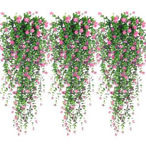 Artificial Hanging Flowers, 3 Pcs Fake Hanging Plants Artificial Vines for Outdoors, Fake Ivy Vine UV Resistant No Fade Faux Plants for Indoor Outside Garden Patio Yard Greenery Decoration (Pink)