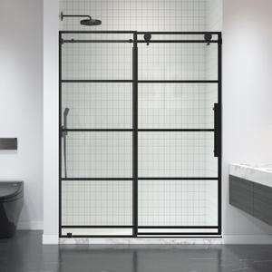 Frameless Shower Door 55-60" W x 75" H Single Sliding Glass Shower Door with 5/16" (8mm) Black Grid Pattern Thick Clear Tempered Glass in Matte Black, Reversible Installation