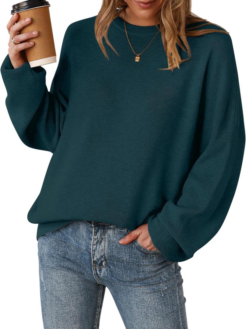 Arach&Cloz Women's Wool Blend Oversized Sweaters Crewneck Casual Outfits Fashion Spring Tops (Large, Dark Green)