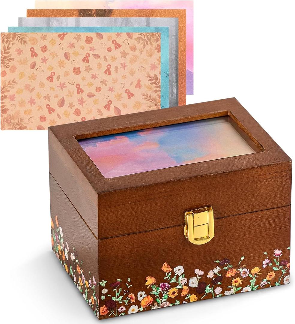 Valentine's Day Gifts for her, 3 * 5 Solid Wood Index Card Organizer Friendship Bracelet Box with Transparent Acrylic Top Cover Gift for Christmas & New Year Comes with 100 Guide Cards