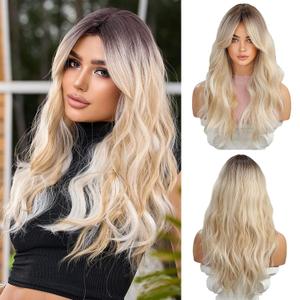 Blonde Middle Part Wig - Long Wavy Ombre Blond Wigs with Dark Roots for Women, Curly Synthetic Heat Resistant Hair, Natural Looking Cute Wigs for Halloween/Christmas/Cosplay/Party, Size 22 inch