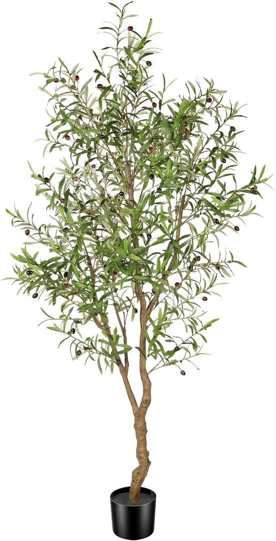 7ft Faux Olive Tree - Fake Potted Olive Silk Tree with Planter Natural Olive Branches and Realistic Leaves Artificial Tree for Home House Office Decor Indoor