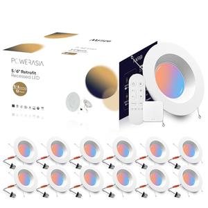 POWERASIA 12 Pack 5/6 Inch LED Retrofit RGB Recessed Lighting, 12W 1200LM Smart Can Lights, Recessed Lights 2700K-6000K Color Changing Compatible with Alexa Assistant, Hub INCL