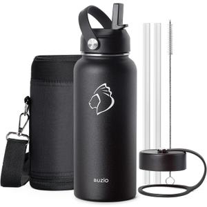 BUZIO Stainless Steel Water Bottle (Cold for 48 Hrs, Hot for 24 Hrs), 32 oz Vacuum Insulated Water Bottle with Straw Lid and Flex Cap (Double Wall, Wide Mouth, BPA Free, Leak Proof), Black