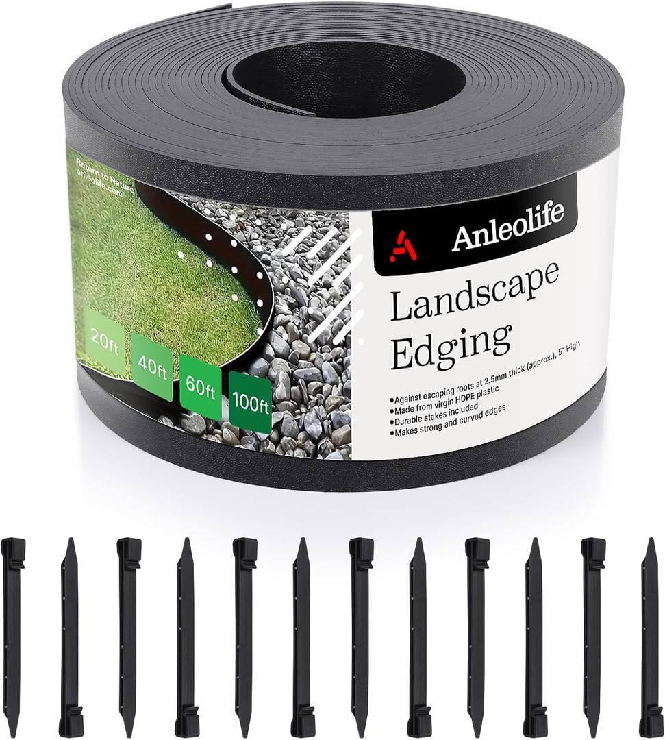 A ANLEOLIFE 100FT Flexible Plastic Landscape Edging Coil, 5" Black Garden Border for Yard, Flower Beds & Pathways, Anti-UV, 30 Stakes for Easy Install