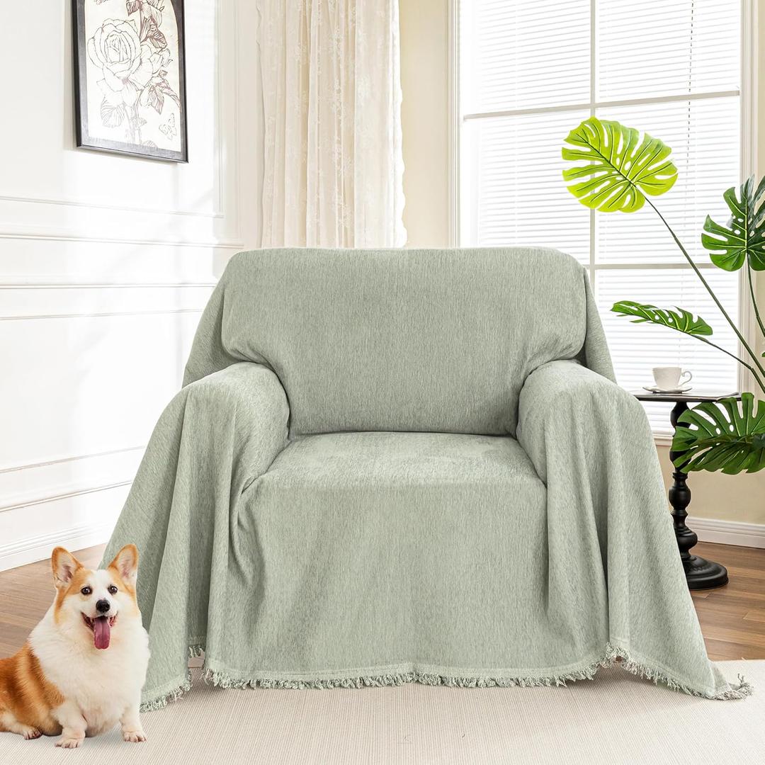 MYSKY HOME Oversized Armchair Couch Cover for 1 Cushion Couch, Washable Sofa Protector, Chair Chenille Couch Covers, Wingback Chair Cover Sofa Covers Sofa Throw Sofa Slipcovers, 71"X91", Sage Green (Tassels Edge-sage)