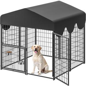 4x4x4.5ft Outdoor Dog Kennel, Metal Heavy Duty Dog Run with Rotating Door & 2 Adjustable Bowls, Dog Kennel Outside with Waterproof Cover, Pet Enclosure Indoor for Small/Medium/Large Dogs