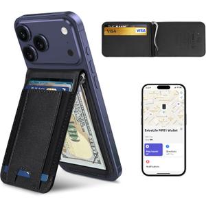 ExtreLife MagSafe Wallet with Money Clip, Work with Apple Find My, Magnetic Phone Wallet Stand for iPhone 17/16/15/14/13/12 Series, 8 Card Holder, RFID Blocking, Rechargeable, Classic Black