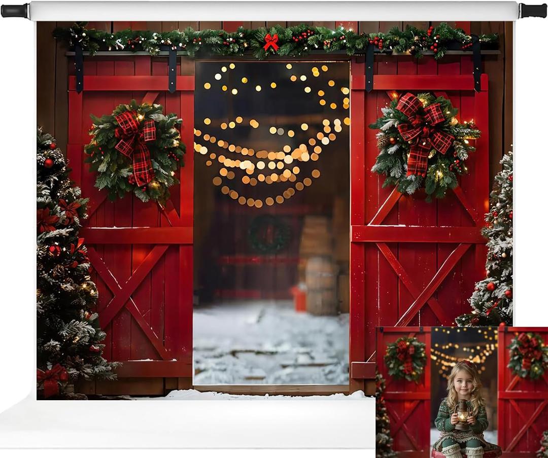Kate Red Barn Door Backdrops Christmas Backdrops Night Red Xmaas Backgrounds, 7x5ft