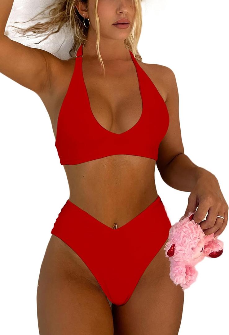 Women's Sexy High Leg Triangle Halter Bikini Set Padded Cup Bikini Cheeky Swimsuit V Cut Thong Bathing Suit (Large, Red)