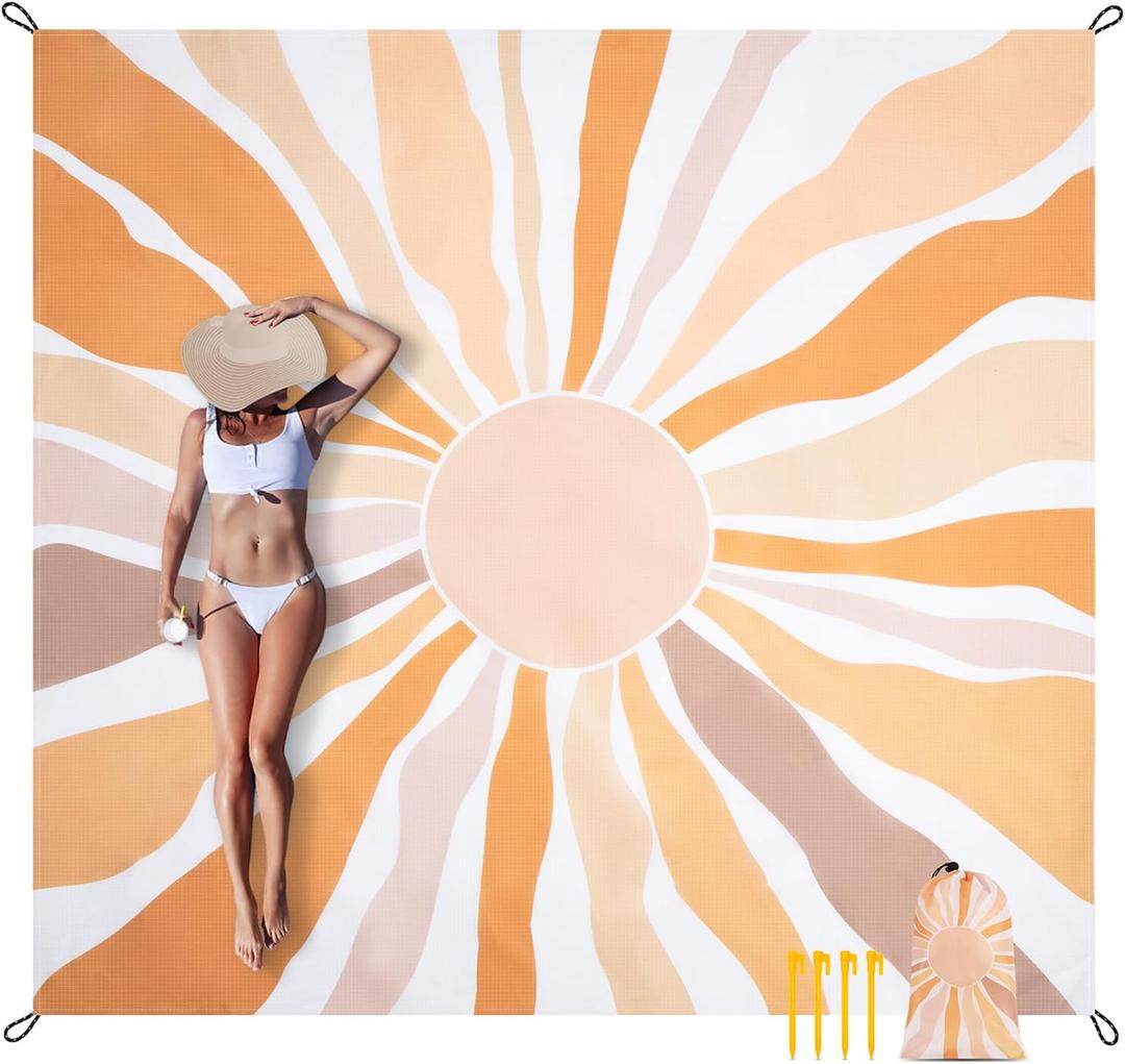 Waterproof Sandproof Beach Blanket, 78" x 86" Large Beach Mat for 2-4 Adults, Lightweight Polyester Outdoor Picnic Blanket for Travel, Camping, Hiking, Beach Essentials for Vacation (Sunburst)