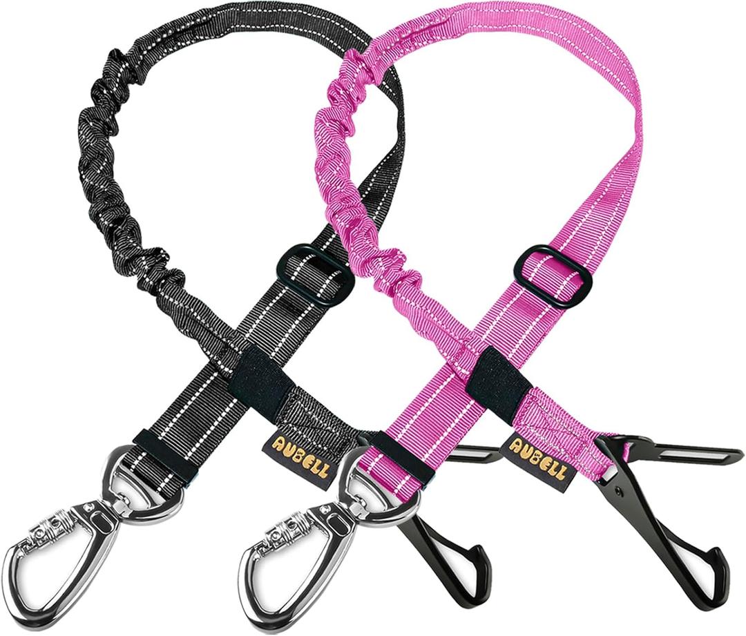 AUBELL Dog Seat Belt for Car,2 Pack Set 3-in-1 Adjustable Reflective Bungee Heavy Duty Dog Car Harness Tether with Clip Hook Latch & Buckle, Swivel Zinc Alloy Carabiner, Black+Hot Pink