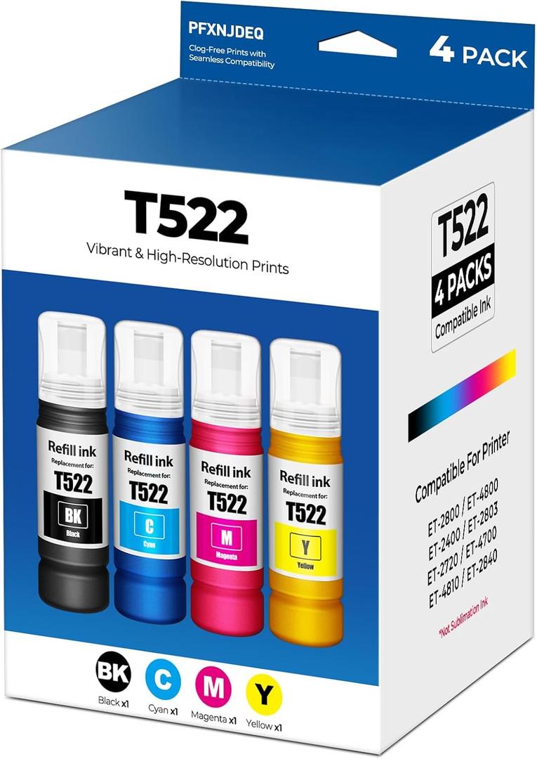 522 Ink Refill Bottles Eco Tank ET-2800 ET-2400 ET-4800 Ink Refill Compatible for E-pson 522 Ink Refill Bottles 4-Pack for ET-2800 ET-2400 ET-4800 ET-2400 ET-2803 ET-2720 ET-4700 ET-4810 2840 Printer