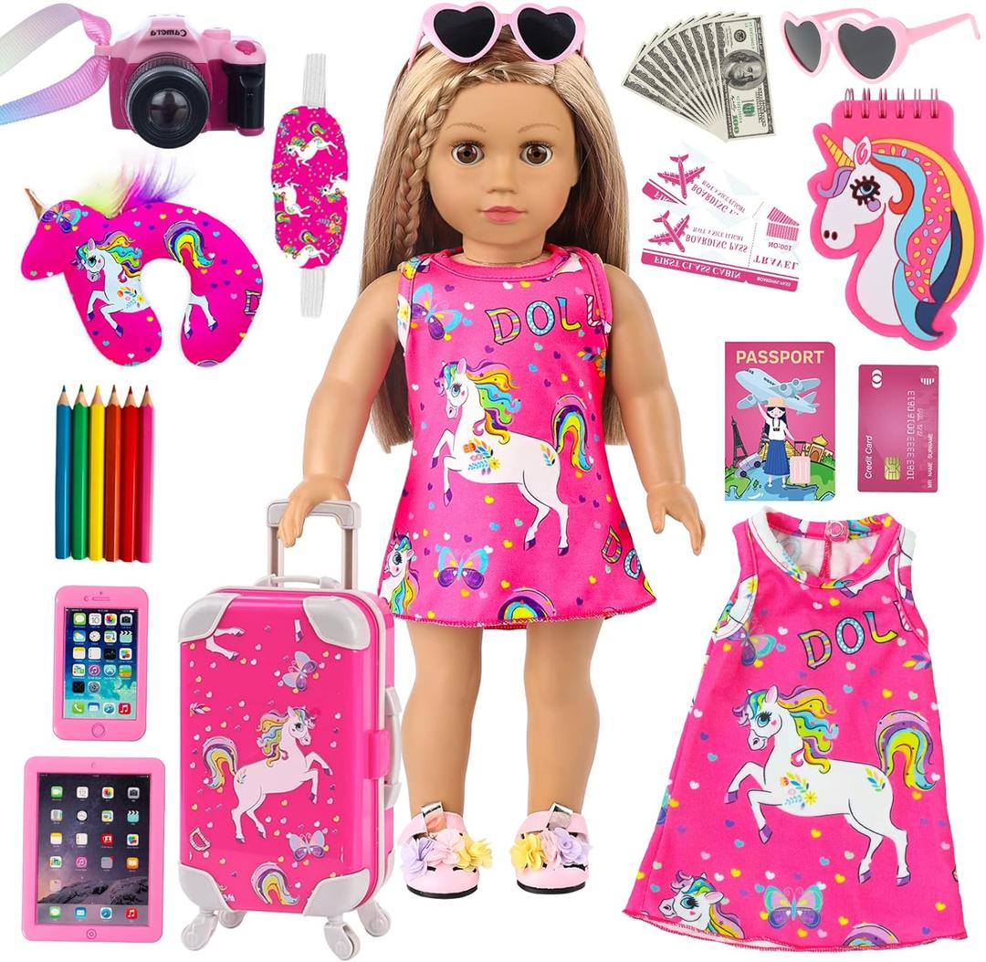 ZQDOLL American 18 Inch Doll Clothes and Accessories Travel Luggage Play Set Including 18 Inch Doll Clothes Travel Suitcase Travel Pillow and Eye Mask(Dolls & Shoes NOT Included)