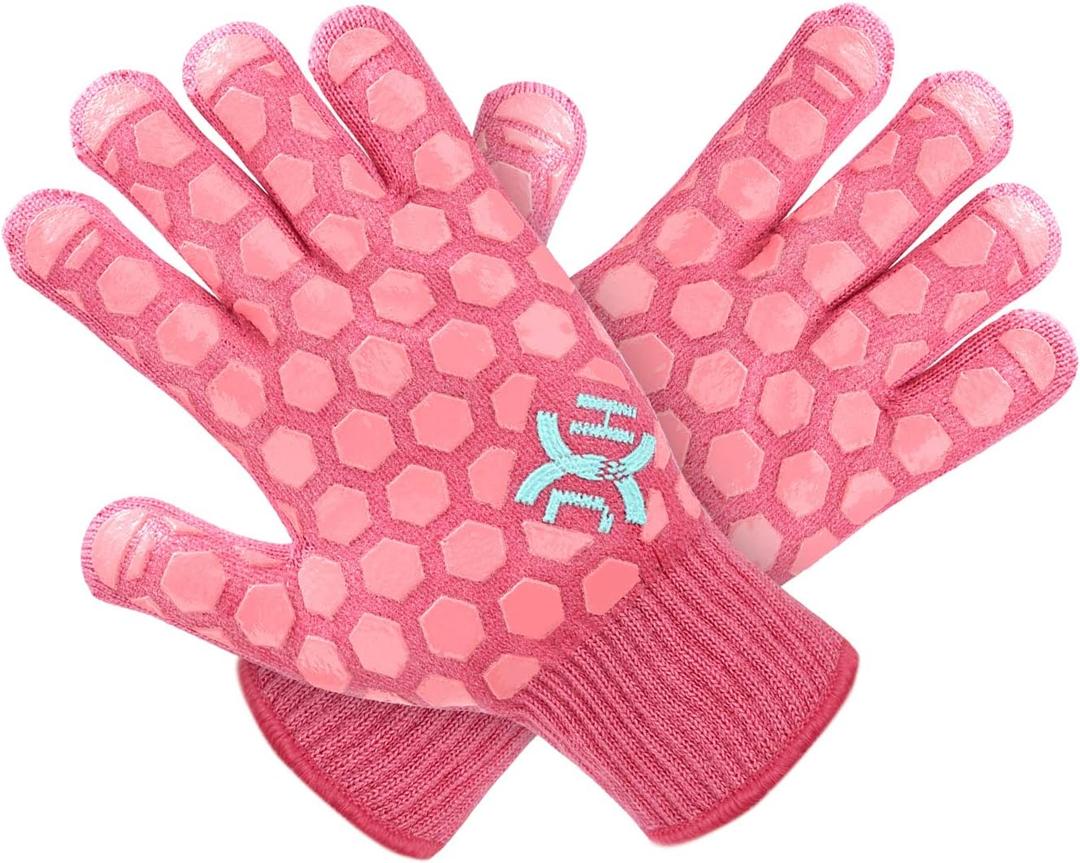 J H Heat Resistant Oven Glove: EN407 Certified 932 F BBQ & Oven Mitts for Grlling, Baking, Kitchen, Camping,Fireplace Indoor&Outdoor 1 Pair (Women Fits All, Coral Shell With Pink Coating)