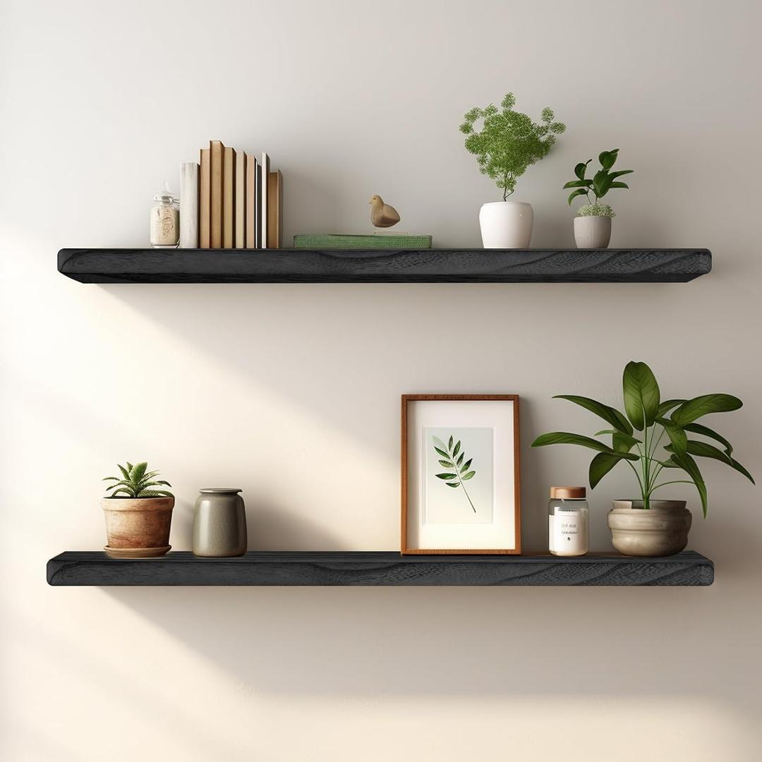 Floating Shelves 24 Inches Long, Set of 2 Solid Rustic Wood Wall Mounted Shelves, Wall Picture Ledge Shelf with Invisible Metal Brackets for Living Room, Bedroom, Bathroom, Black