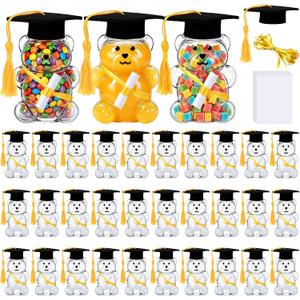 30 Sets Graduation Bear Candy Jar 2026 Graduation Cap Candy Gift Jar Plastic 2oz Empty Bear Container Bulk with Graduation Cap and Tassel Ribbon for Grad Party Favor Decoration Supplies