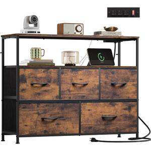 WLIVE Dresser for Bedroom with 5 Drawers,Fabric Dresser TV Stand with Charging Station, Chest of Drawer with Open Shelves for 45 inch TV,for Living Room,Entryway, Charcoal Black Wood Grain Print (11.7"D x 39.6"W x 30.6"H (5 Drawers))