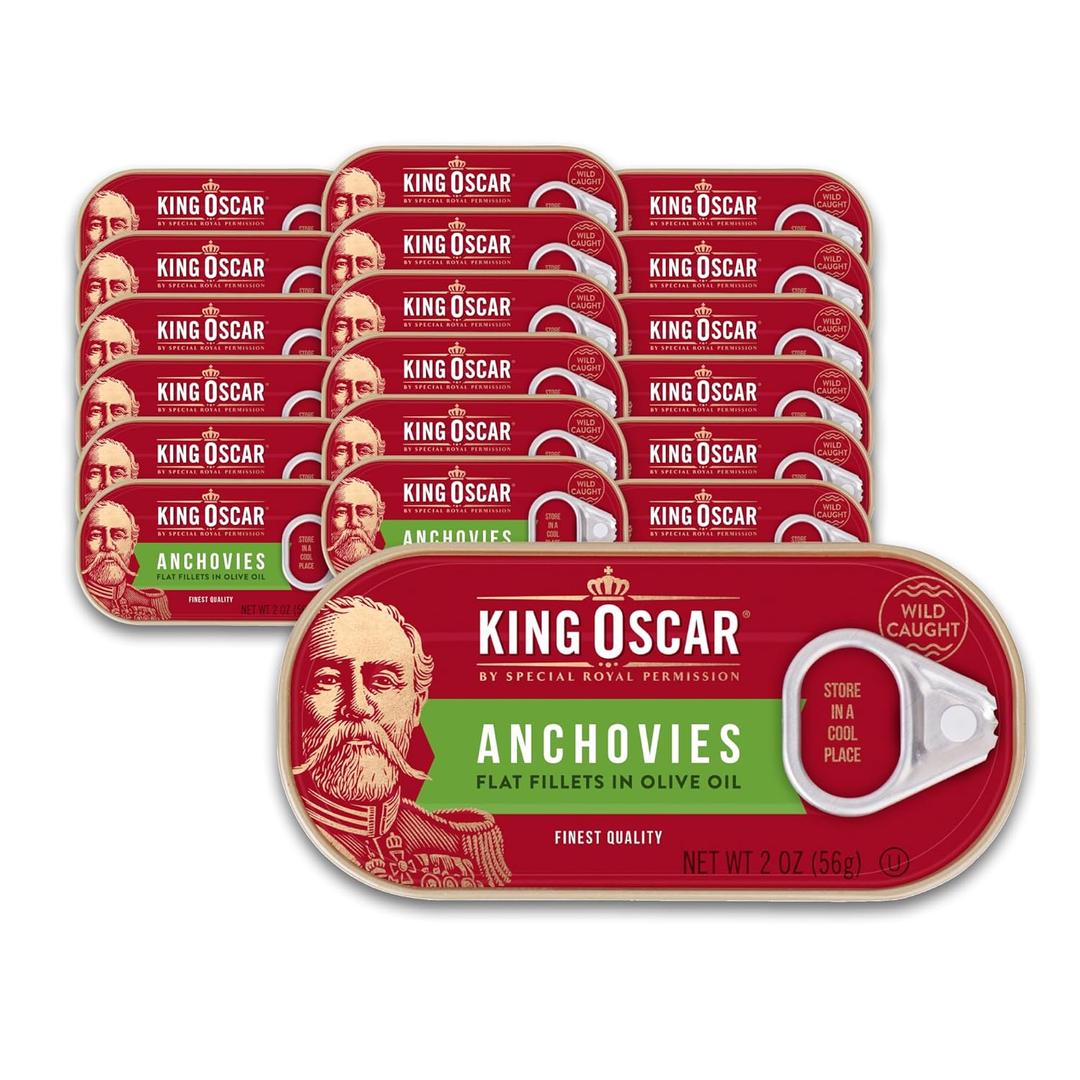 King Oscar Anchovies Fillets in Olive Oil, 2 Ounce Cans (Pack of 18), Wild Caught Canned Anchovies (EXP 12/07/26)