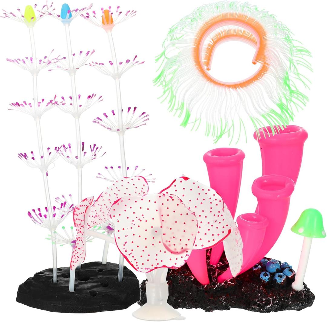 Silicone Glowing Aquarium Decorations, Fluorescence Coral, Glowing Sea Anemone Decor, Glowing Sucker Coral for Aquarium Decor Purple Pink Green 1 Set