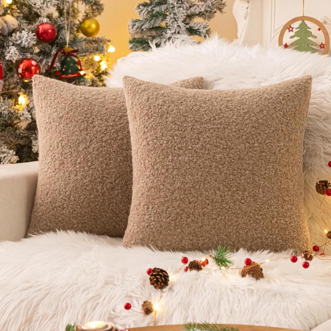 AQOTHES Khaki Winter Throw Pillow Covers 18x18 Inch Set of 2, Boucle Faux Fur Pillow Covers,Cozy Fluffy Home Living Room Farmhouse Decor for Sofa Couch Bed