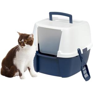 IRIS USA Cat Litter Box, Enclosed Litter Box with Front Door Flap and Scoop, Covered Kitty Litter Box with Handle and Buckles for Portability and Privacy, Navy/White