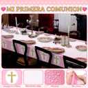 2 x Oudain 2 Pcs Girls First Communion Decorations Tablecloths Pink Baptism Communion Cross Table Covers Newborn Baby Girl Shower Table Cloth for 6 or 8 Foot Bible Party Decor