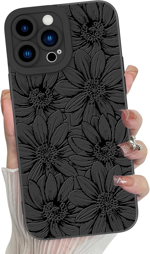 MZELQ for iPhone 13 Pro Case, Silicone Floral Flowers Sunflowers Cute Pattern, Camera Protection Soft Slim Phone Cover for Girls Women -Black