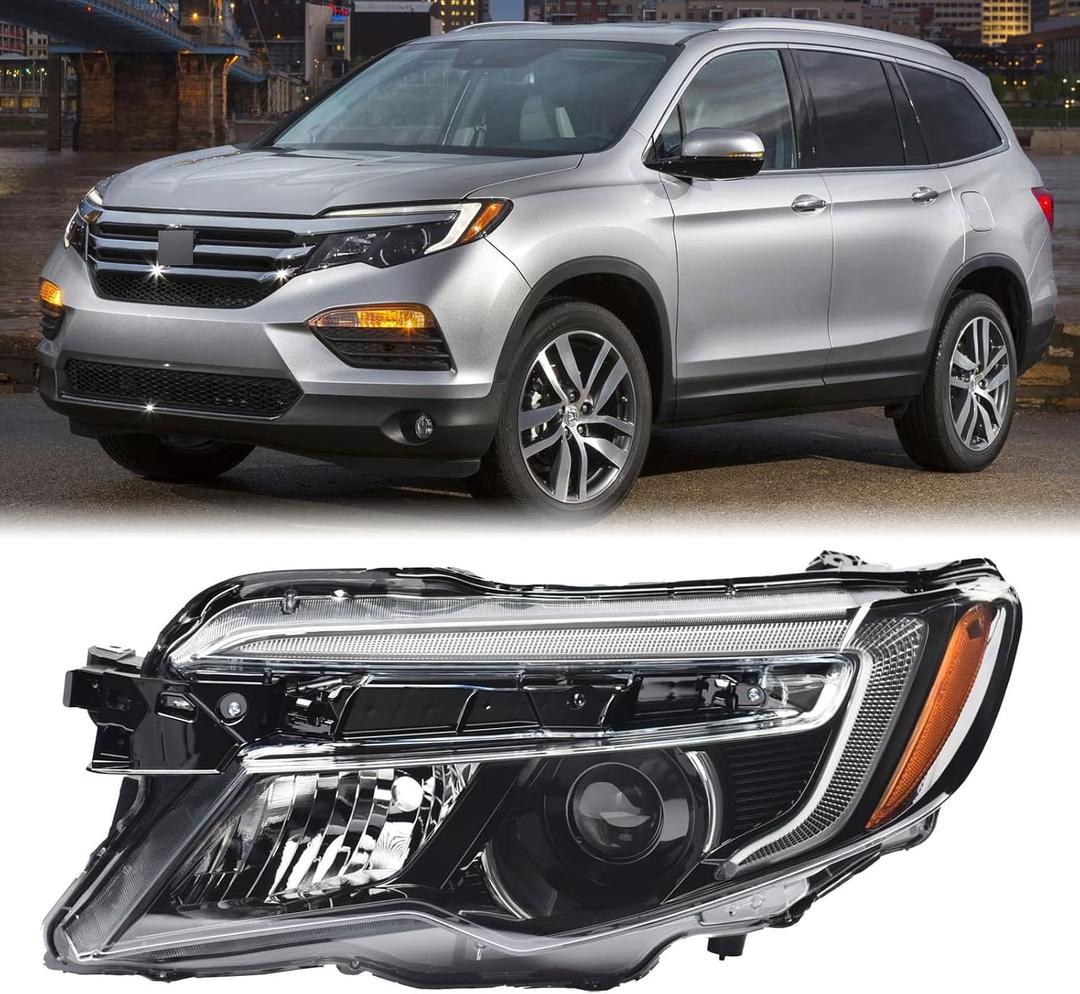 Halogen Headlight Headlamp Assembly w/LED DRL Compatible with 2016-2021 Honda Pilot 2017-2020 Ridgeline 4 Pins Connector Replace for HO2502167 33150TG7A12(Driver Left Side)