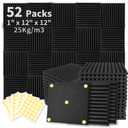 Focusound 52 Pack Acoustic Foam Panels 1" x 12" x 12" Sound Proof Foam Panles Soundproofing Noise Cancelling Wedge Panels for Home Office Recoding Studio with 300PCS Double-Side Adhesive