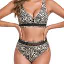 RELLECIGA Women's V Neck Bikini Set Mesh High Waisted Tummy Control Bathing Suit 2 Piece Swimsuit (S)