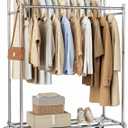 HYSEYY Clothes Rack,Double Rods Rolling Clothing Rack for Hanging Clothes load 400LBS,Portable Garment Coat Rack with Wheels Wardrobe Closet for Bedroom Laundry Room,Retail Store,Silver