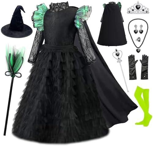 RuuYiicoco 11Pcs Witch Black Costume Dress for Girls Halloween Set with Hat Cape Boom Size 150