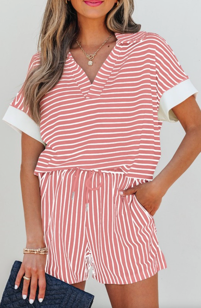 Zenana Striped Collared Top & Shorts Set, M