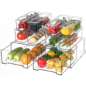 14Pack Fridge Organizer Bins, Clear Refrigerator Organizing Containers with Lids and Refrigerator Drawers, Stackable Food, Vegetable and Fruit Containers for Fridge Organizers and Storage