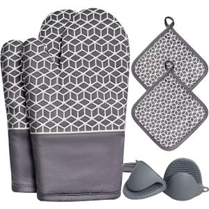 Oven Mitts and Pot Holders Sets 6pcs, Thick Cotton Oven Gloves High Heat Resistant 500with Extra Long Oven Mitts and Hot Pads Potholders with Non-Slip Silicone Surface for Cooking Baking (Gray)