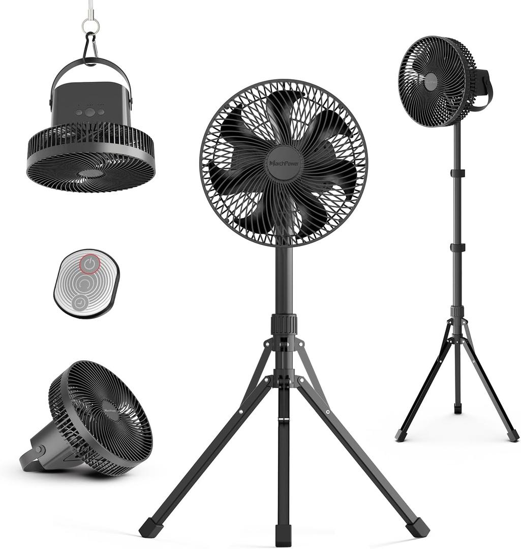 Marchpower 10in Foldable Camping Fan, Detachable Tripod, 10000mAh Rechargeable, Remote Control, Quiet Oscillating, Adjustable Height Pedestal Floor Fan for Home (Black)