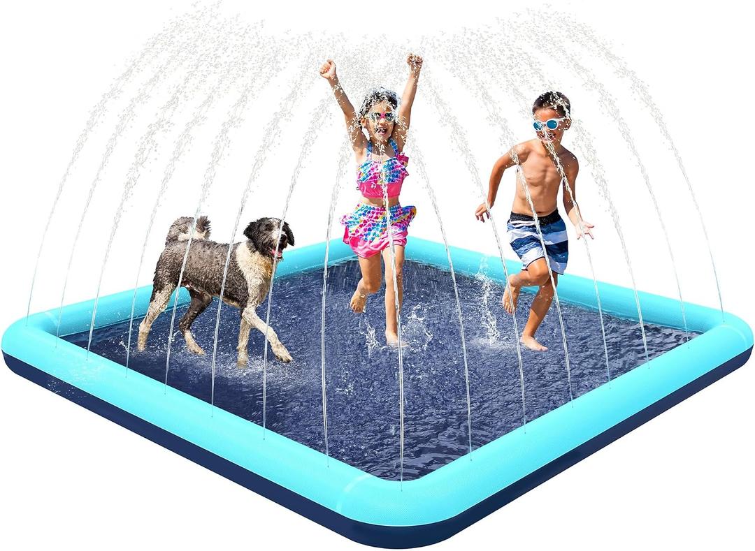 68" x 68" Square Splash Pad for Toddlers & Dogs, Non-Slip Sprinkler Pool, Shallow Water Play Mat for Backyard Summer Fun, Teal