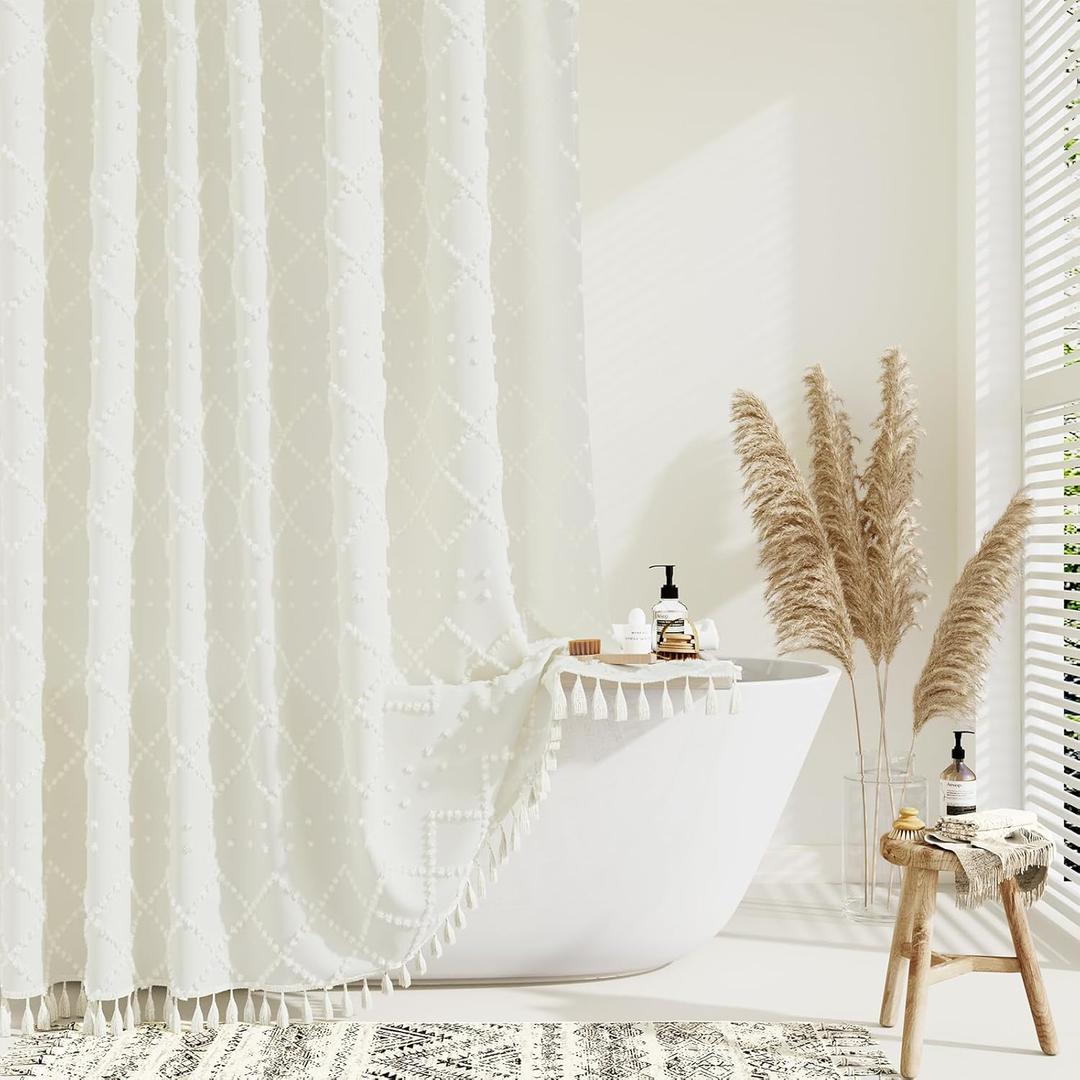 Dynamene 78 Inches Long Shower Curtain, Boho Tufted Geometric Striped Tall Cloth Shower Curtains for Bathroom Decor, Large Hotel Spa Luxury Shower Curtain Set with Hook, Wrinkle Free, Cream, 72x78 (72"W x 78"L (Pack of 1), Cream)