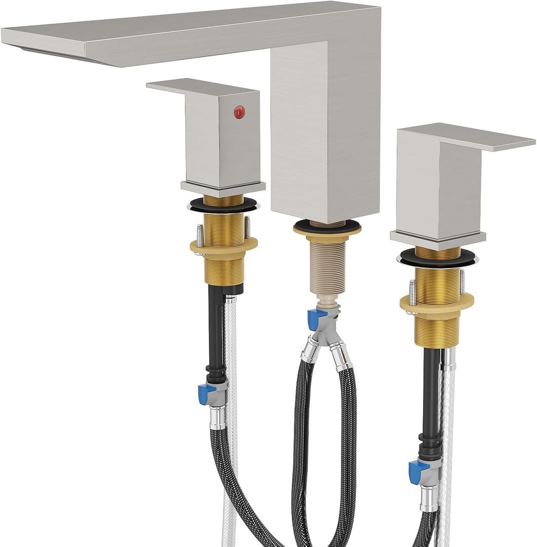 BESy Waterfall Roman Tub Faucets, Deck Mount Bathtub Faucets Set, Garden 3 Holes Two Handles Widespread Bath Tub Filler Tub Faucets with Valve, cUPC Supply Hoses, Brushed Nickel