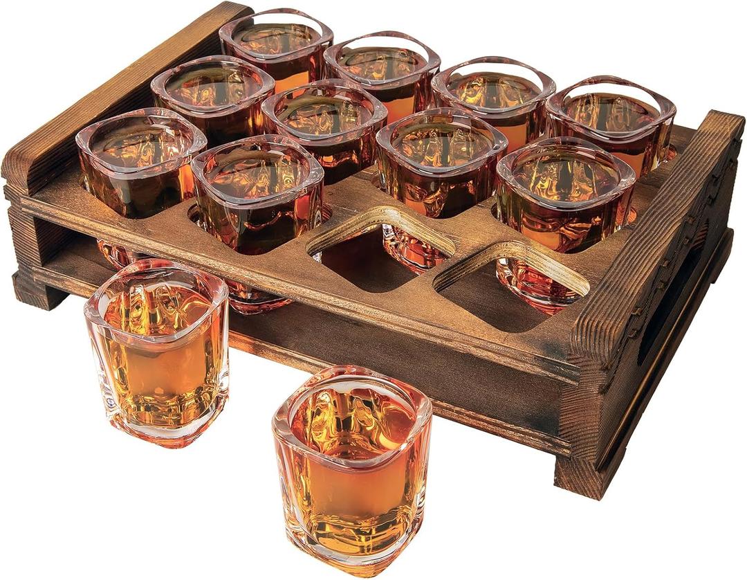 LINALL Heavy Duty Shot Glass Set - 12pcs, 2oz/ 60ml with Wood Holder for Party, Club, Cocktail (Brown)