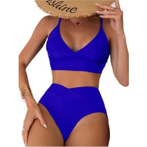 High Waisted Womens Swimsuits Tummy Control Sexy High Cut Bikini Set 2 Piece Modest Longline Supportive Swim Top Bathing Suit V Cut Bottom Cross Front Teens Hot Pink Royal Blue Size M