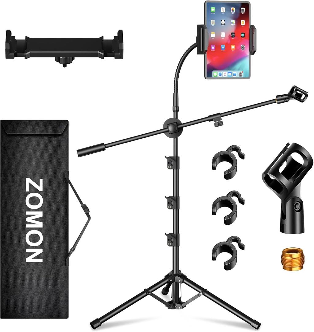 Mic Stand, 6-in-1 Microphone Stand with Floor Boom, Support Boom, Gooseneck, Mic Clips, Tablet Phone Holder, Black, Metal, Portable, Adjustable
